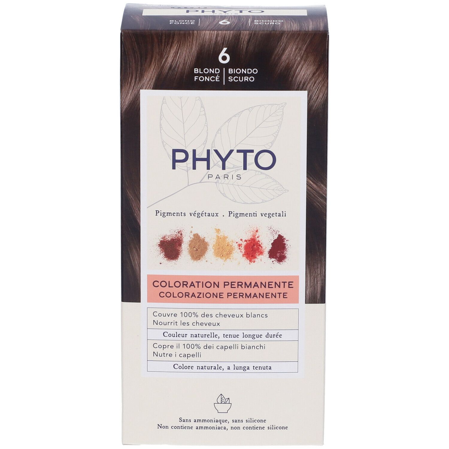 Verpackung PHYTO PARIS, Farbton 6, Blond Fonce. Enthält permanente Coloration. Zeigt Farbmuster und Text.
