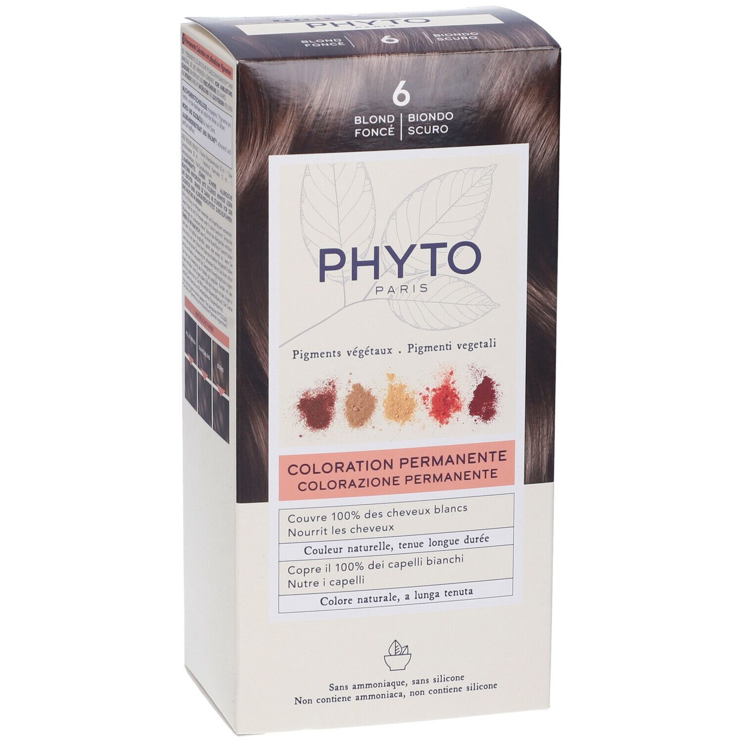 Verpackung PHYTO PARIS, Farbton 6, Blond Fonce. Enthält permanente Coloration. Zeigt Farbmuster und Text.