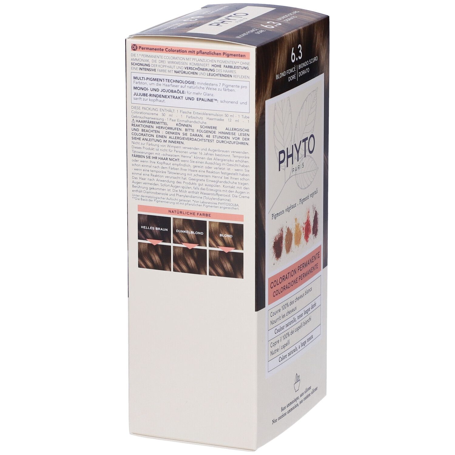 Seitenansicht der Verpackung von PHYTO Color Kit 6,3. Text: Permanente Coloration mit pflanzlichen Pigmenten.