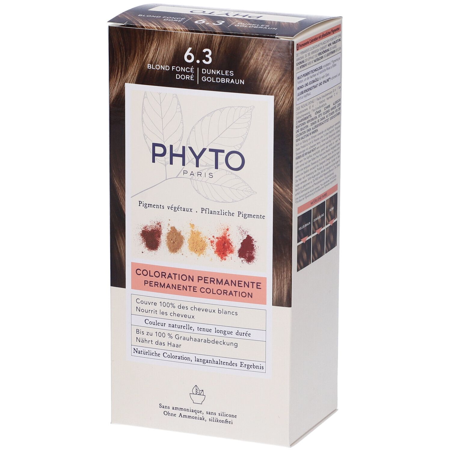 Verpackung von PHYTO Color Kit 6,3. Aufdruck: Dunkles Goldbraun. Enthält pflanzliche Pigmente. Permanente Coloration.