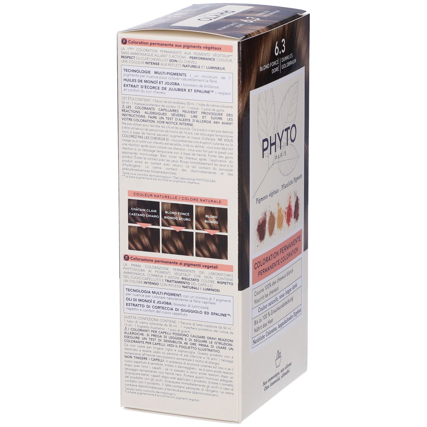 Seitenansicht der Verpackung von PHYTO Color Kit 6,3. Text: Coloration permanente aux pigments végétaux.