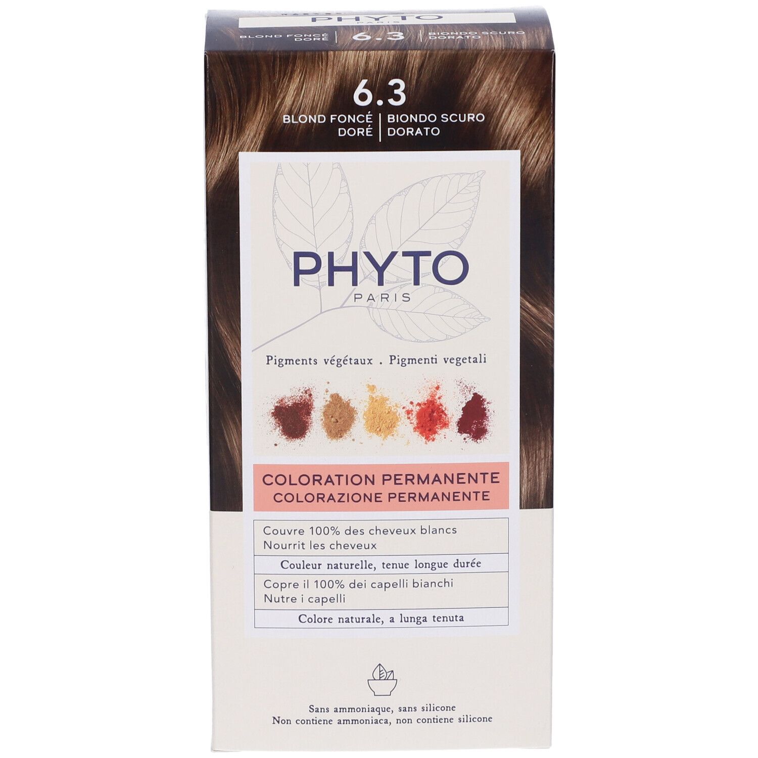 Verpackung von PHYTO Color Kit 6,3. Aufdruck: Blond foncé, Biondo scuro, Dorato. Enthält pflanzliche Pigmente. Permanente Coloration.