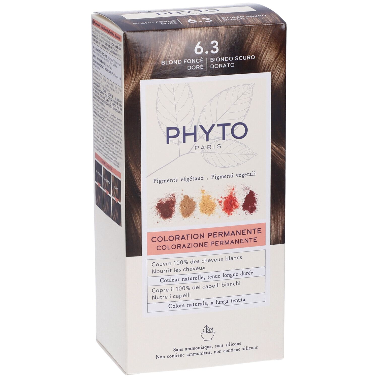 Verpackung von PHYTO Color Kit 6,3. Aufdruck: Blond foncé, Biondo scuro, Dorato. Enthält pflanzliche Pigmente. Permanente Coloration.