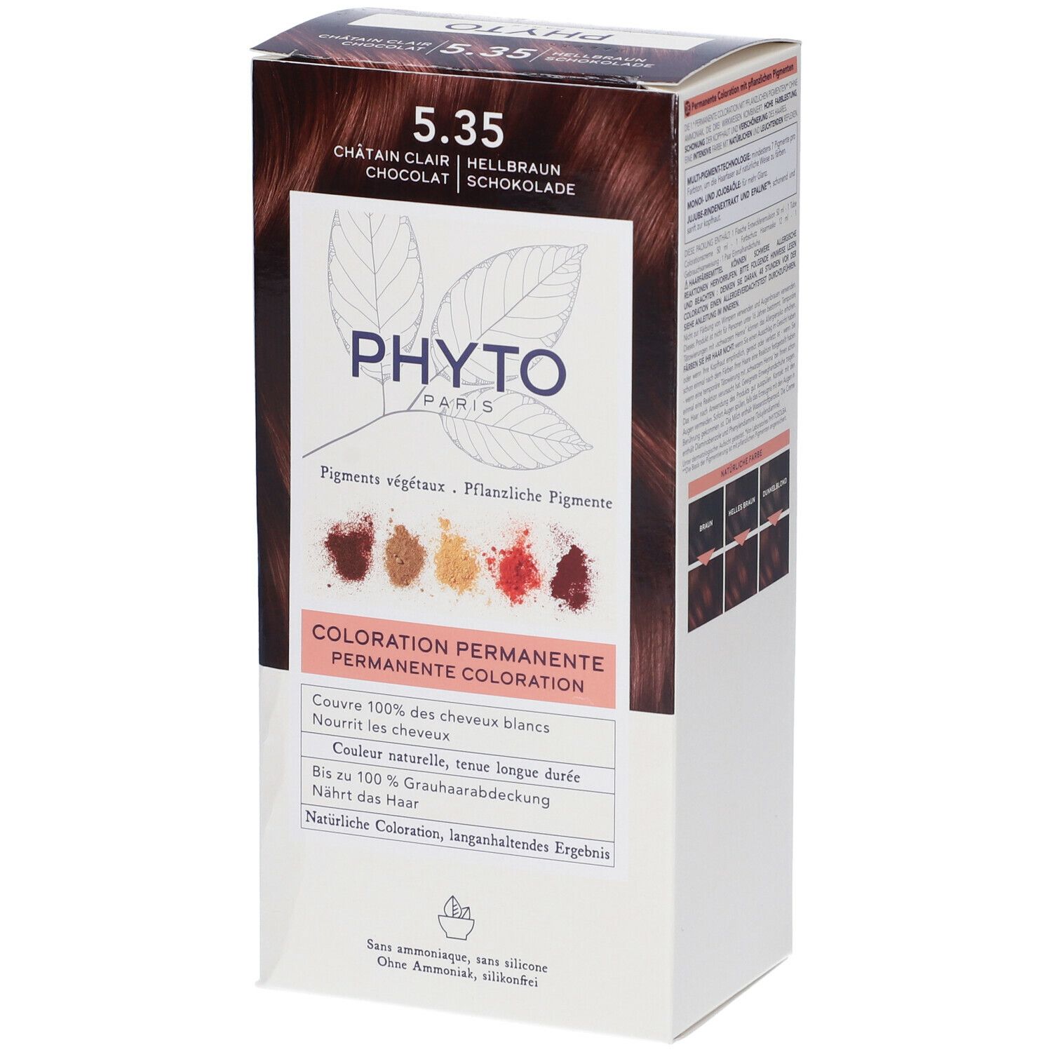 Confezione di tinta per capelli. Scritta: 5.35, Castano Chiaro, Cioccolato. Marchio: PHYTO PARIS. Colorazione permanente.