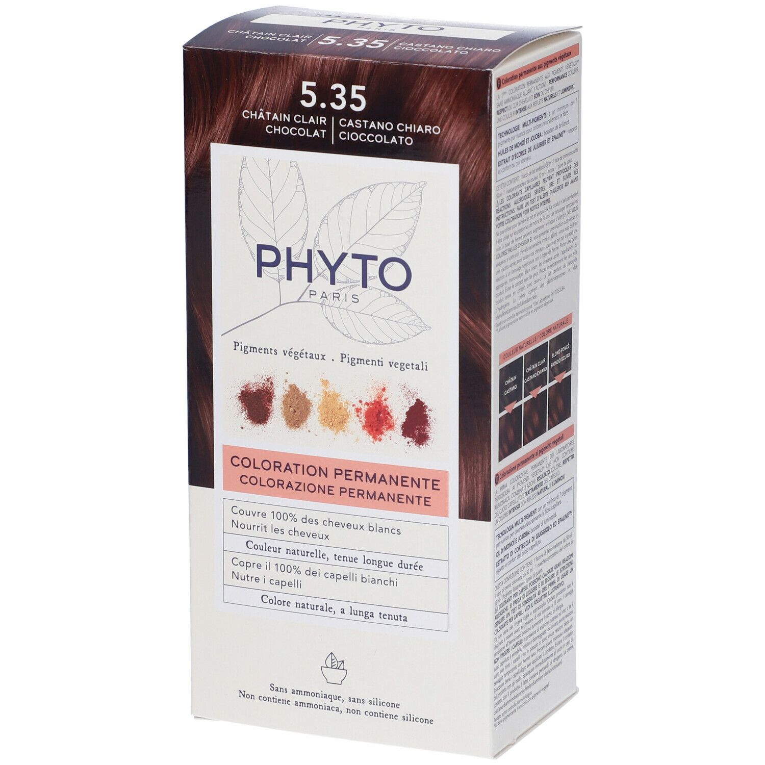 Confezione di tinta per capelli. Scritta: 5.35, Castano Chiaro, Cioccolato. Marchio: PHYTO PARIS. Colorazione permanente.