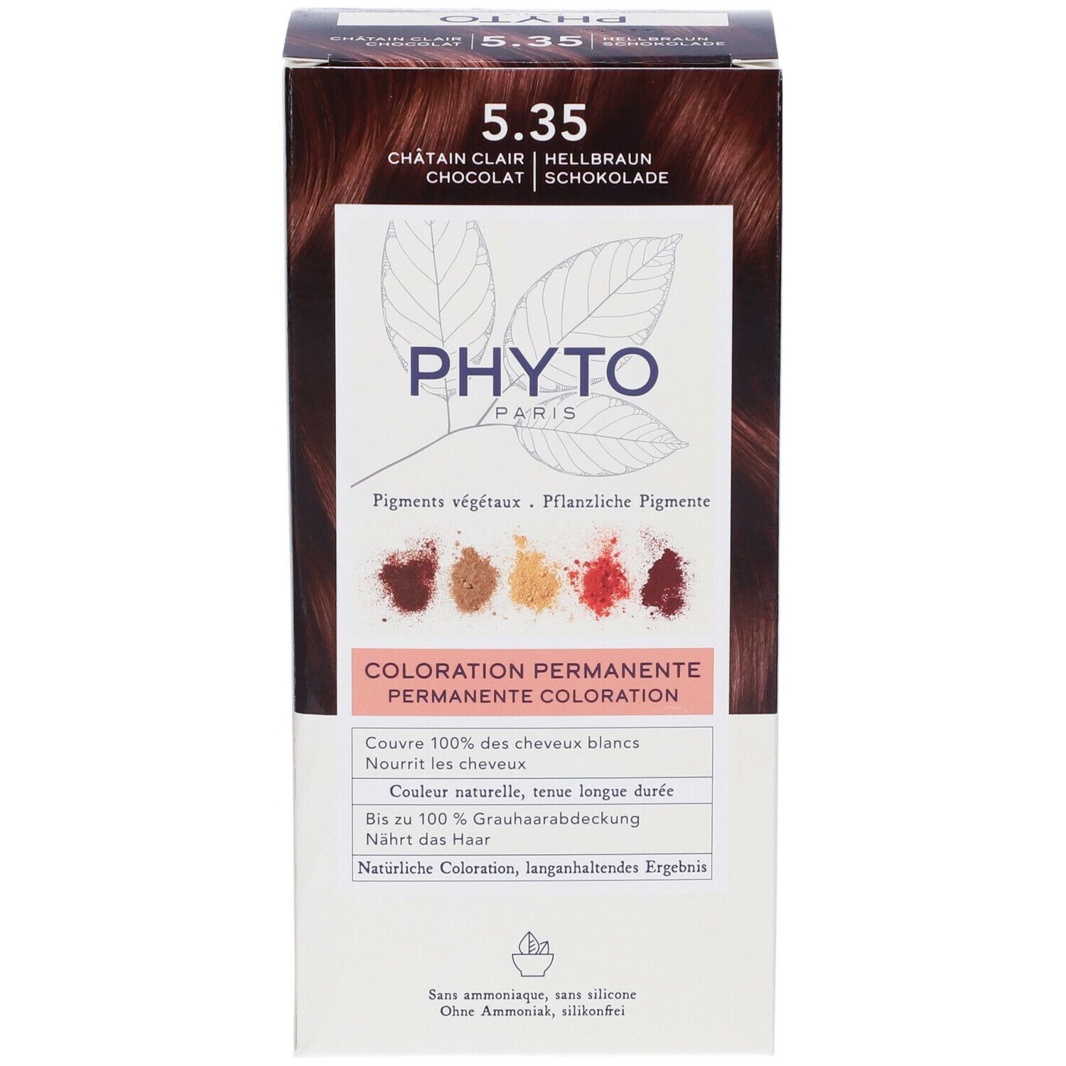 Confezione di tinta per capelli. Scritta: 5.35, Castano Chiaro, Cioccolato. Marchio: PHYTO PARIS. Colorazione permanente.