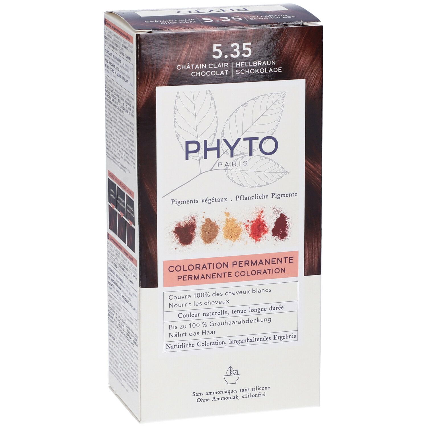Confezione di tinta per capelli. Scritta: 5.35, Castano Chiaro, Cioccolato. Marchio: PHYTO PARIS. Colorazione permanente.