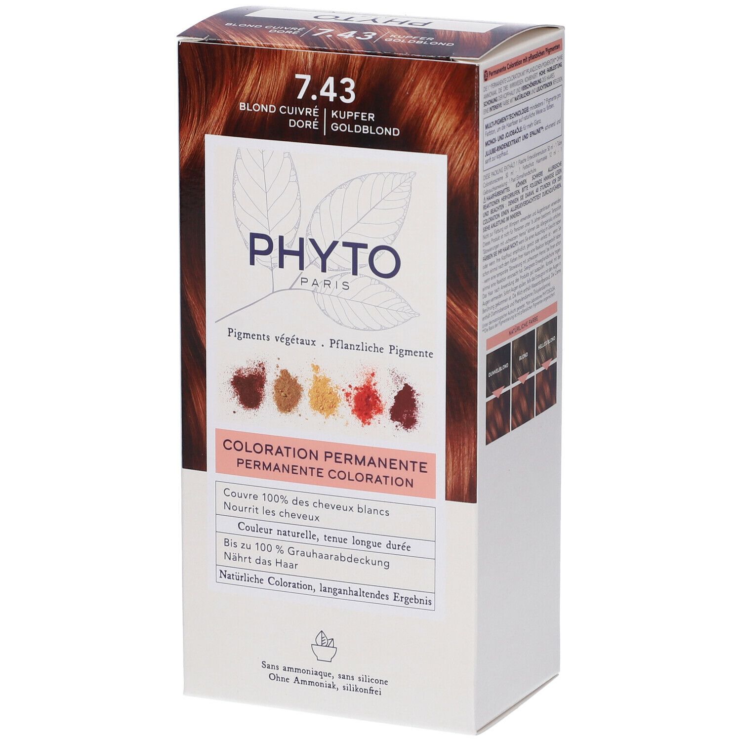 Phyto Paris Haarfarbenbox 7.43 Blond Kupfer, Goldblond. Zeigt Pigmente und Farbergebnisse.