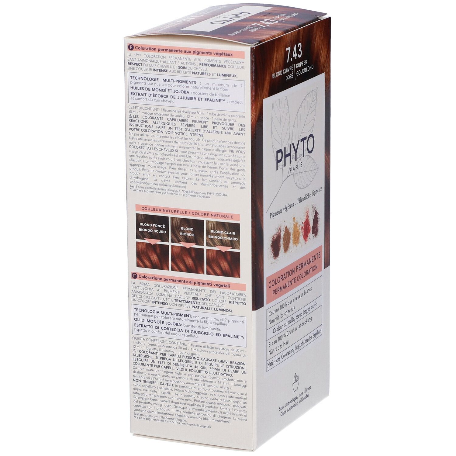 Phyto Haarfarben-Verpackung mit Farbton 7.43, Blond Kupfer. Zeigt Farbmuster und Anwendungshinweise.