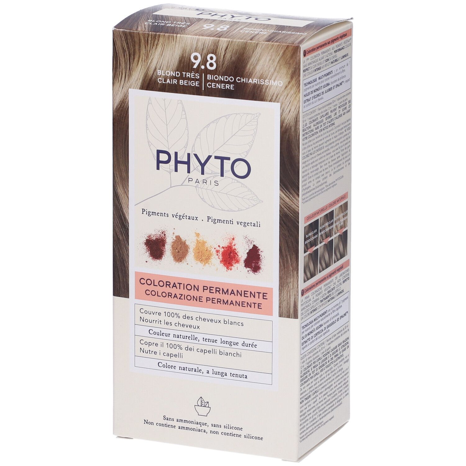 Phyto Color 9.8 Beige Hellblond Haarfarbe Karton. Zeigt Pigmente und Farbergebnisse.
