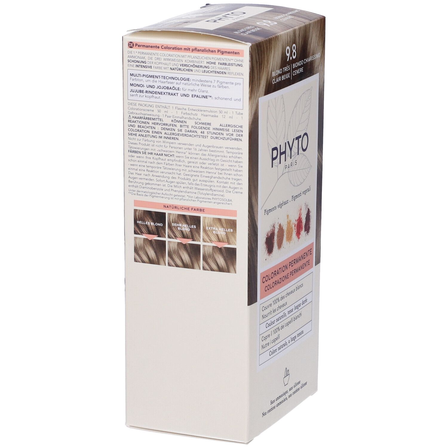 Phyto Color 9.8 Beige Hellblond Haarfarbe Karton Rückseite. Enthält Anwendungsinformationen und Farbergebnisse.