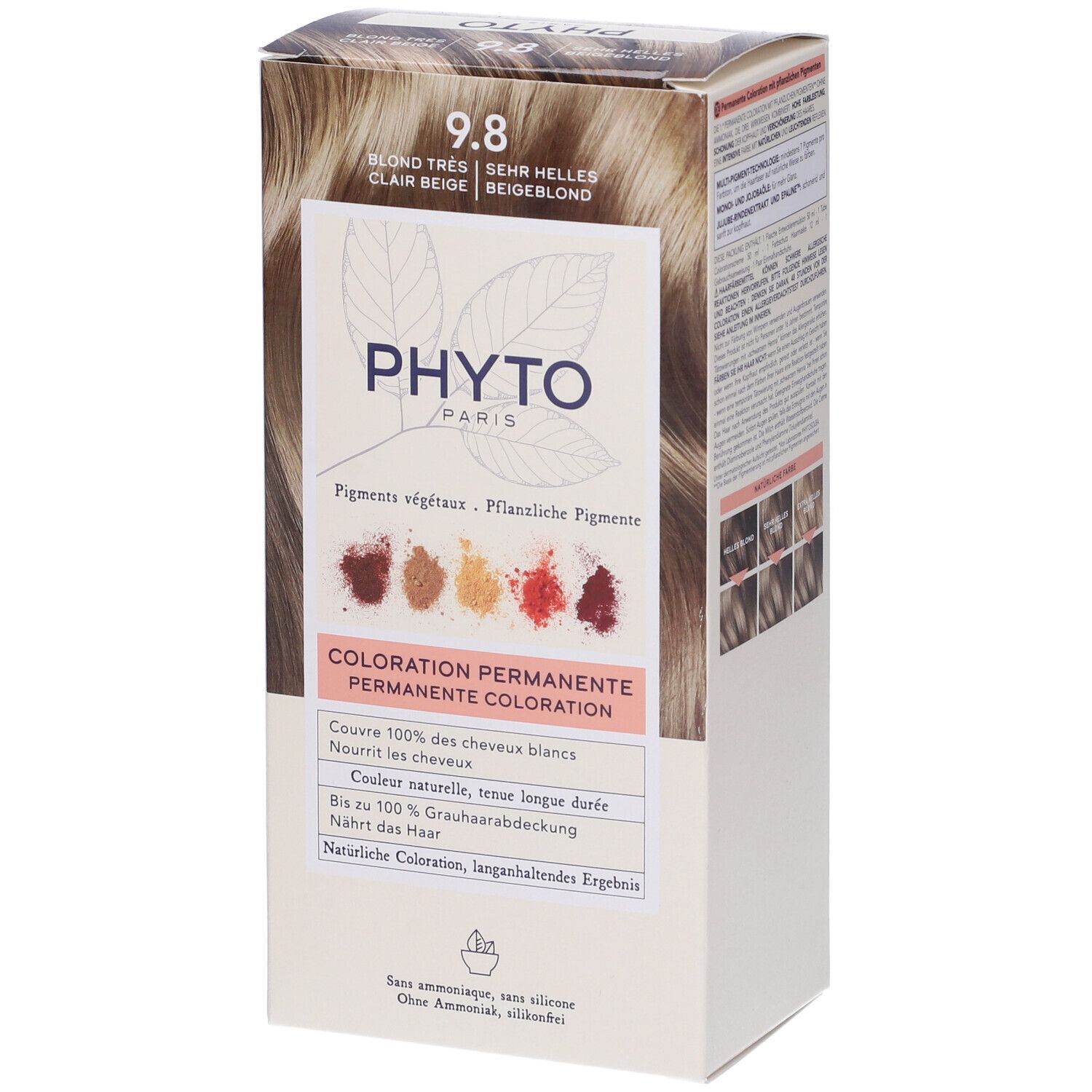 Phyto Color 9.8 Beige Hellblond Haarfarbe Karton. Zeigt Pigmente und Farbergebnisse.