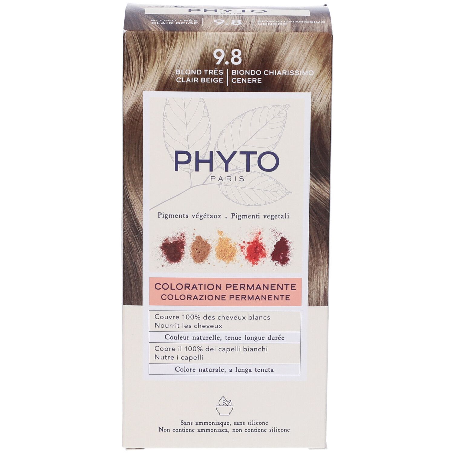 Phyto Color 9.8 Beige Hellblond Haarfarbe Karton. Zeigt Pigmente und Farbergebnisse.