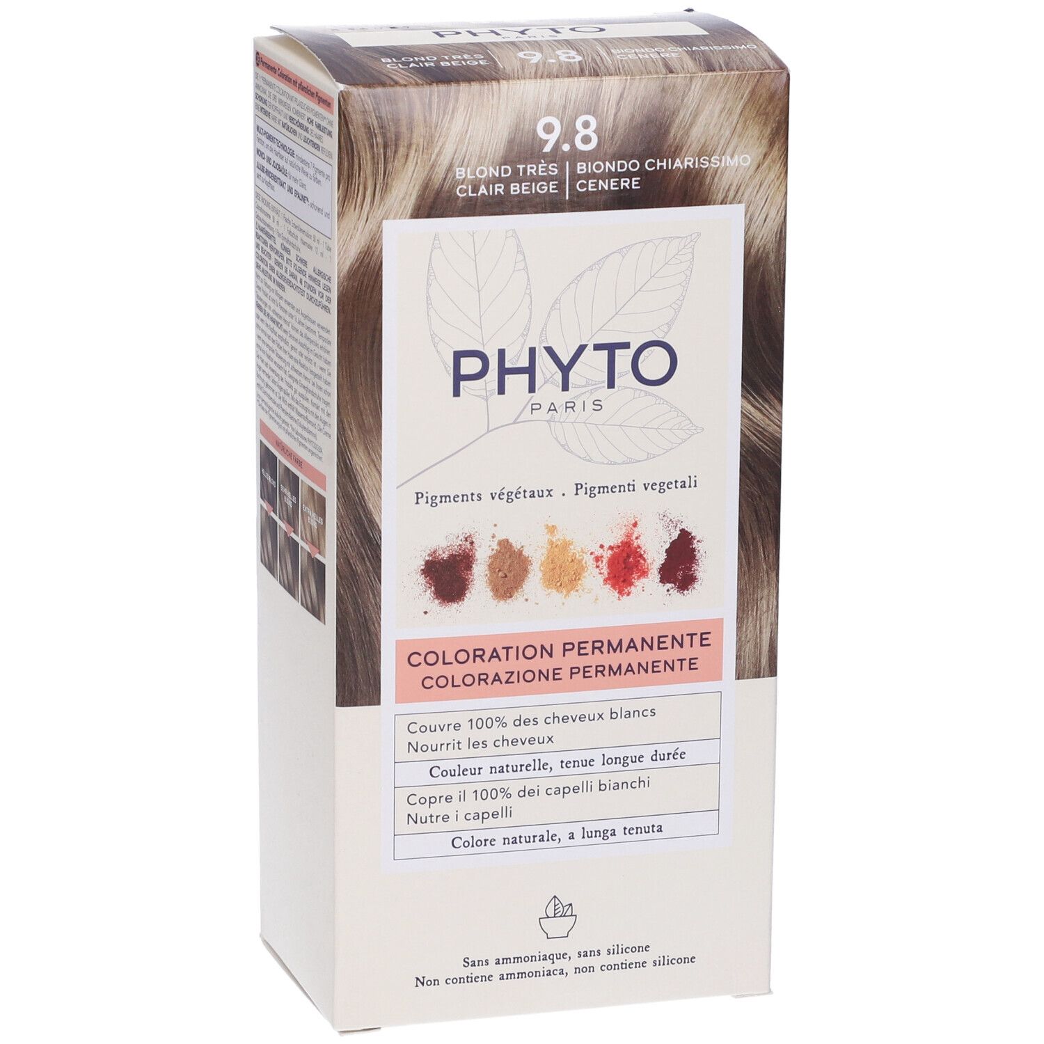 Phyto Color 9.8 Beige Hellblond Haarfarbe Karton. Zeigt Pigmente und Farbergebnisse.