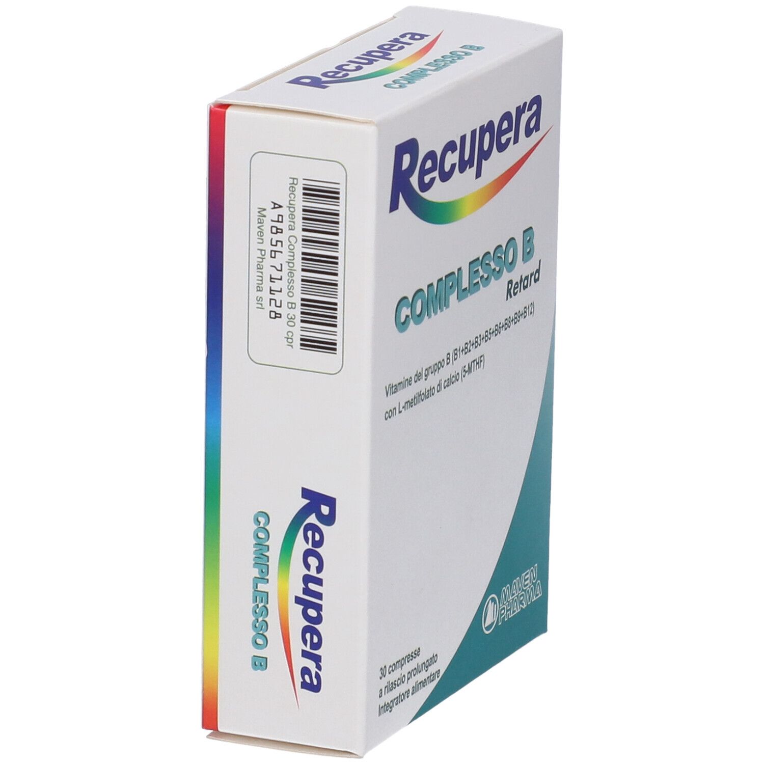 Vista laterale della scatola 'Recupera Complesso B Retard'. Contiene 30 compresse. Marchio Maven Pharma. Bianco, blu e verde.