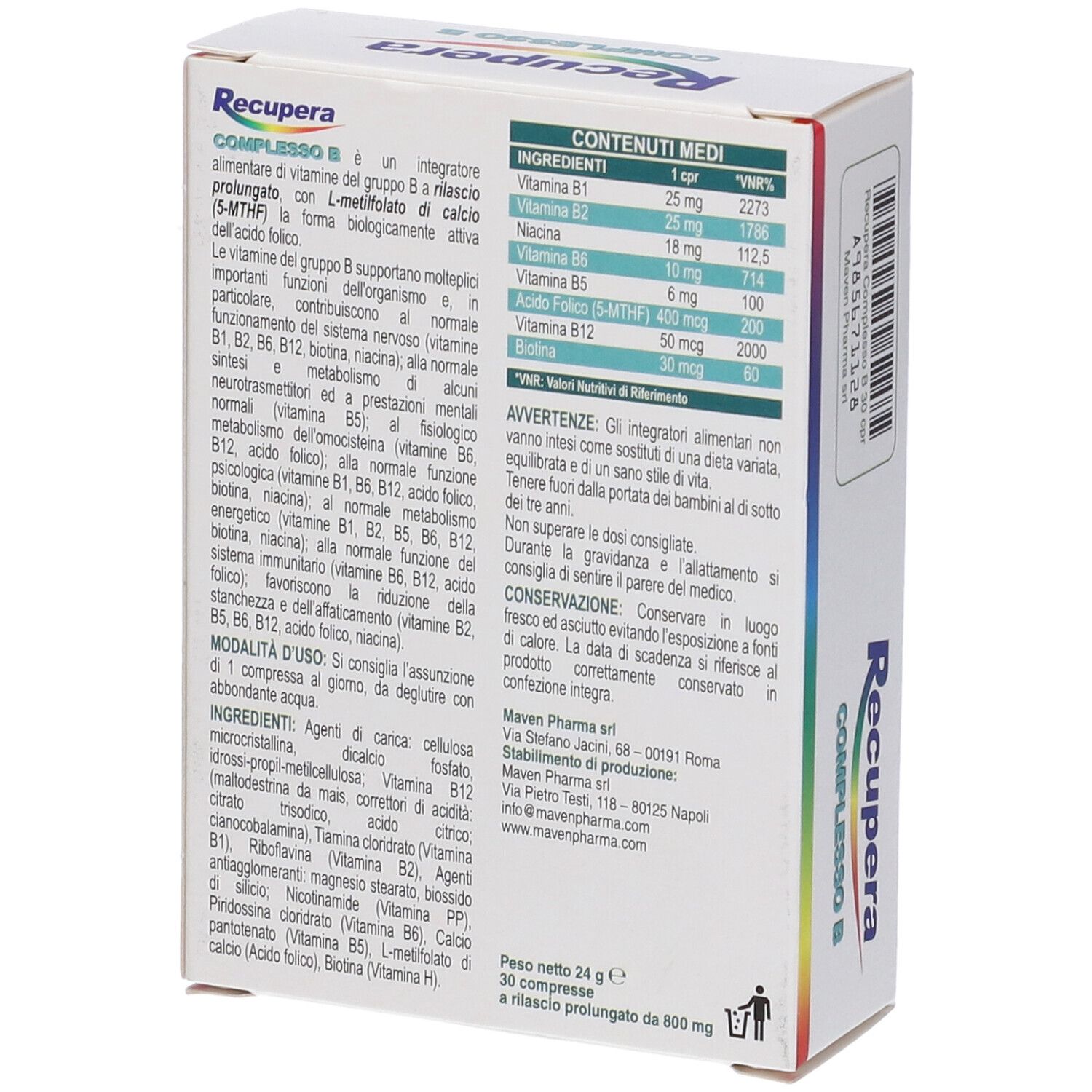 Retro della scatola 'Recupera Complesso B Retard'. Contiene ingredienti e informazioni nutrizionali. Marchio Maven Pharma.