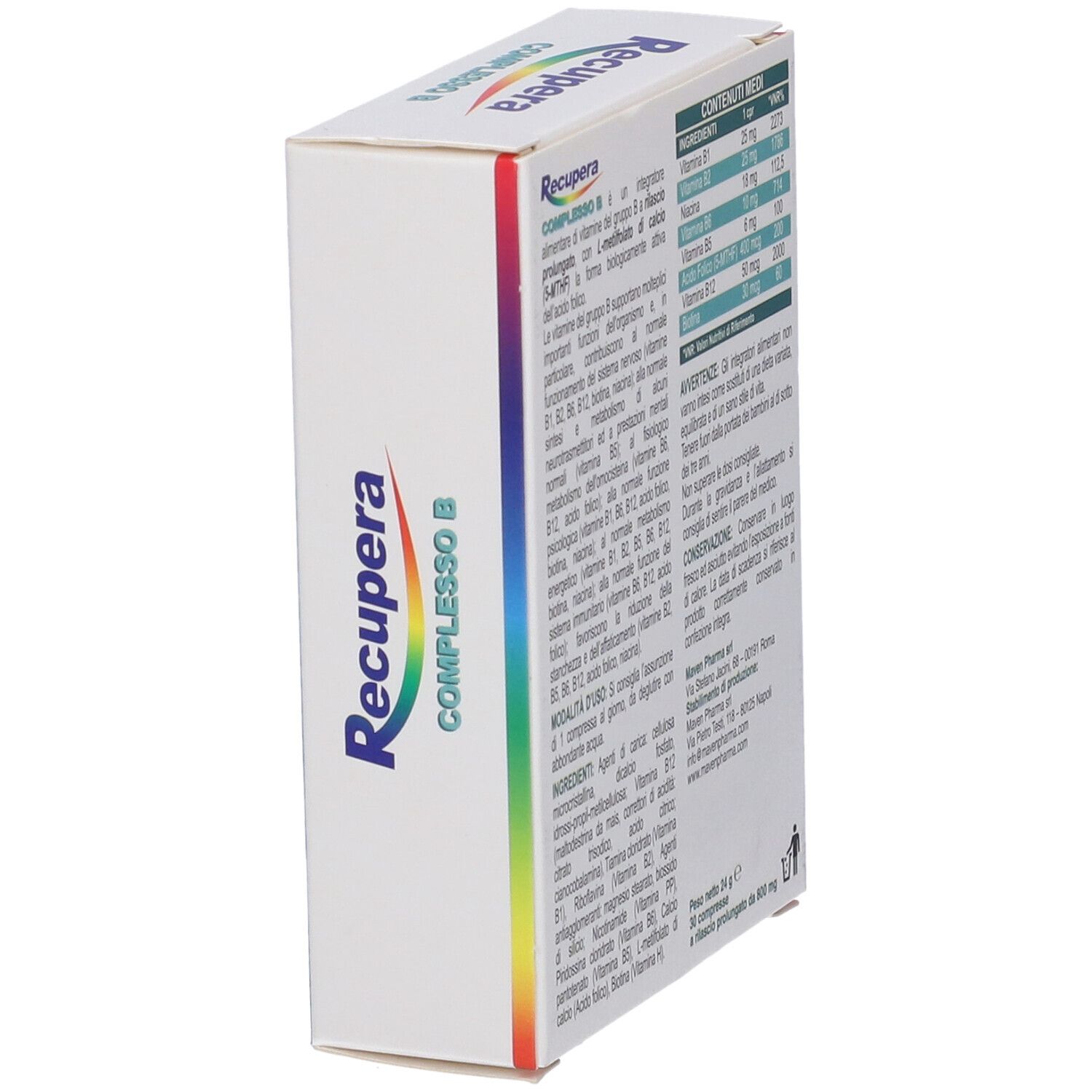 Vista laterale della scatola 'Recupera Complesso B Retard'. Contiene ingredienti e informazioni nutrizionali. Marchio Maven Pharma.