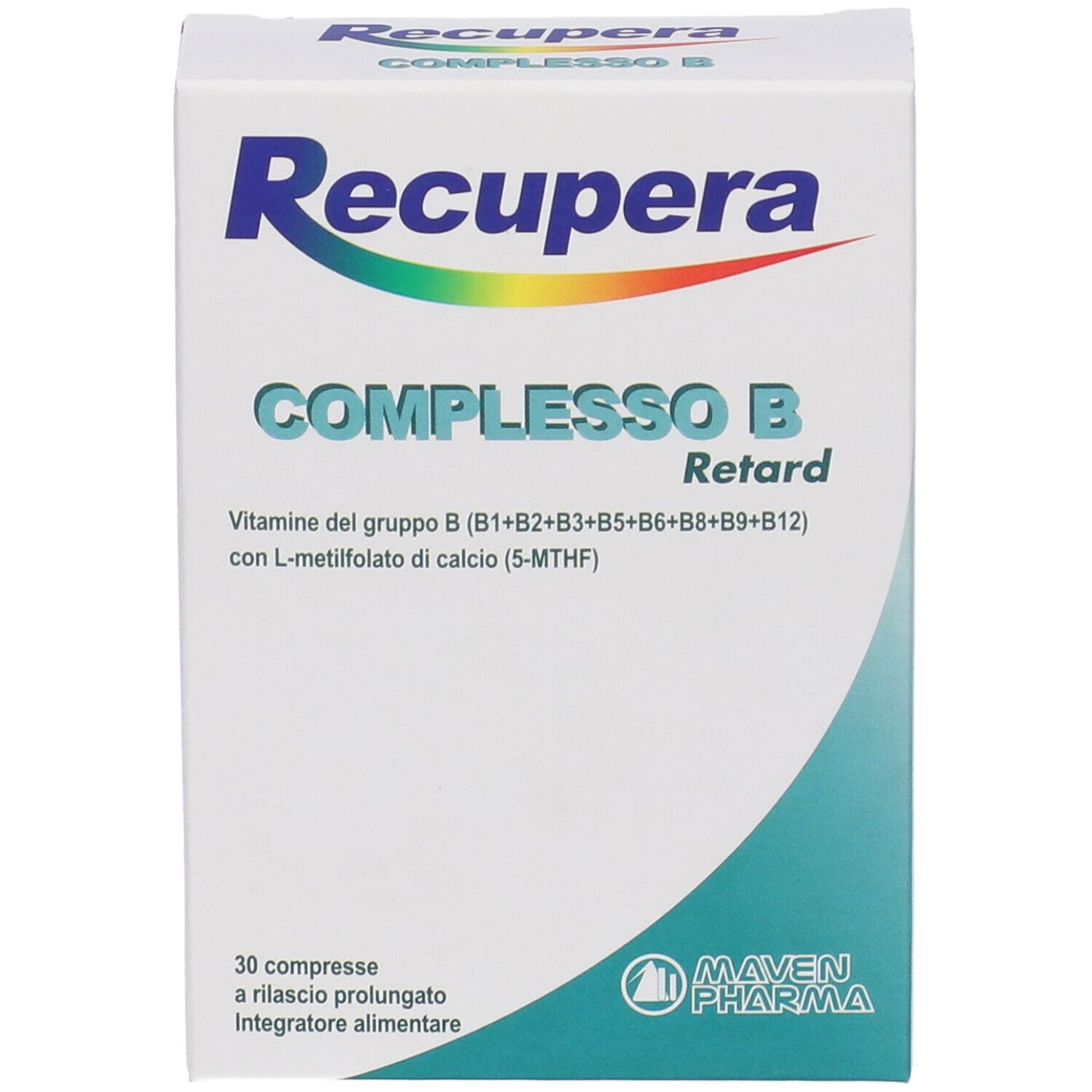 Vista frontale della scatola 'Recupera Complesso B Retard'. Contiene 30 compresse. Marchio Maven Pharma. Bianco, blu e verde.