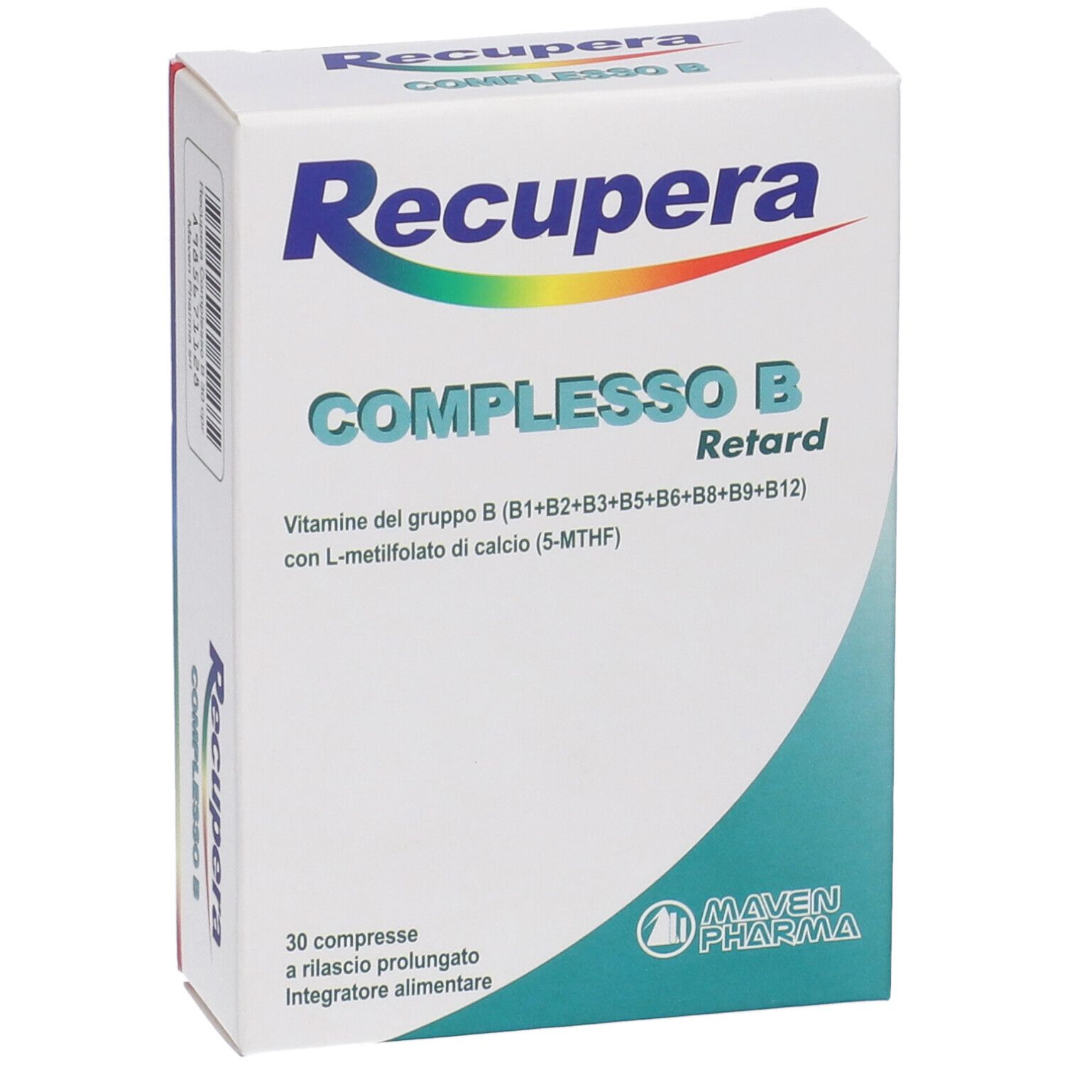Vista frontale della scatola 'Recupera Complesso B Retard'. Contiene 30 compresse. Marchio Maven Pharma. Bianco, blu e verde.