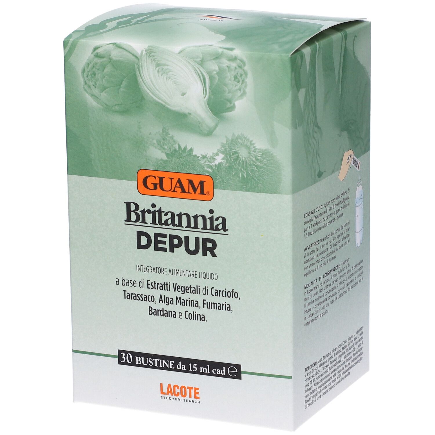 Scatola GUAM Britannia Depur con illustrazione di carciofi. 30 bustine da 15 ml. Lacote.