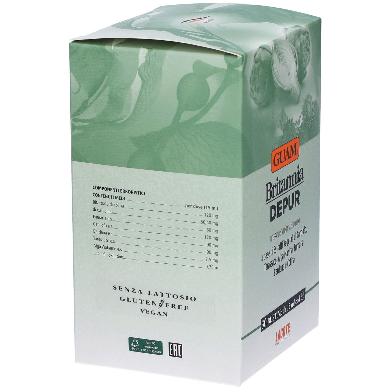 Scatola GUAM Britannia Depur. Retro con informazioni nutrizionali e ingredienti. Senza glutine, vegano.
