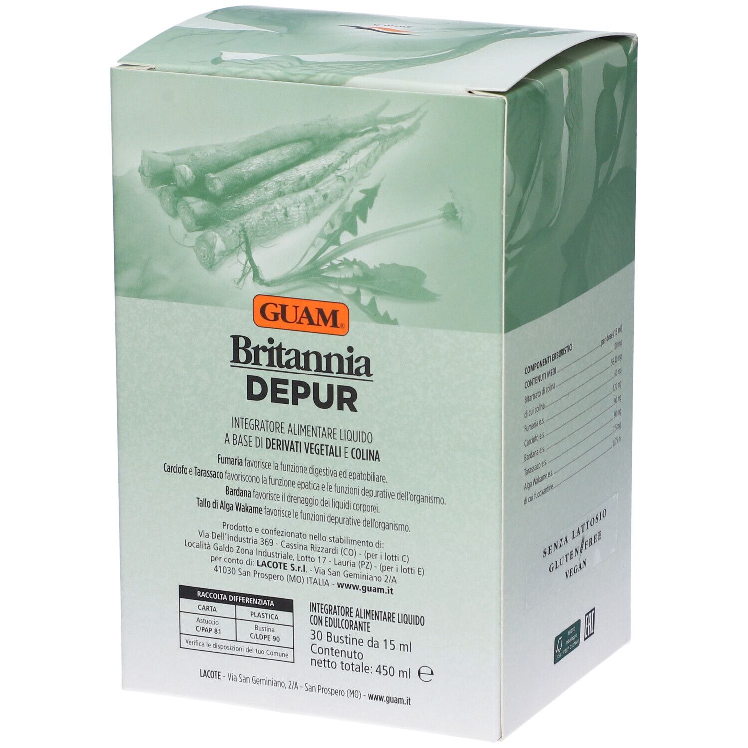 Scatola GUAM Britannia Depur. Lato con informazioni e testo. Senza glutine, vegano.