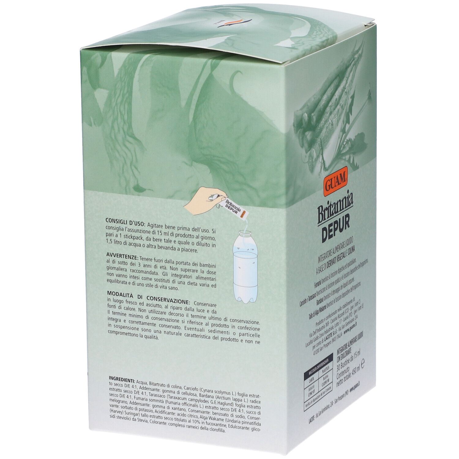 Scatola GUAM Britannia Depur. Retro con istruzioni per l'uso e ingredienti.