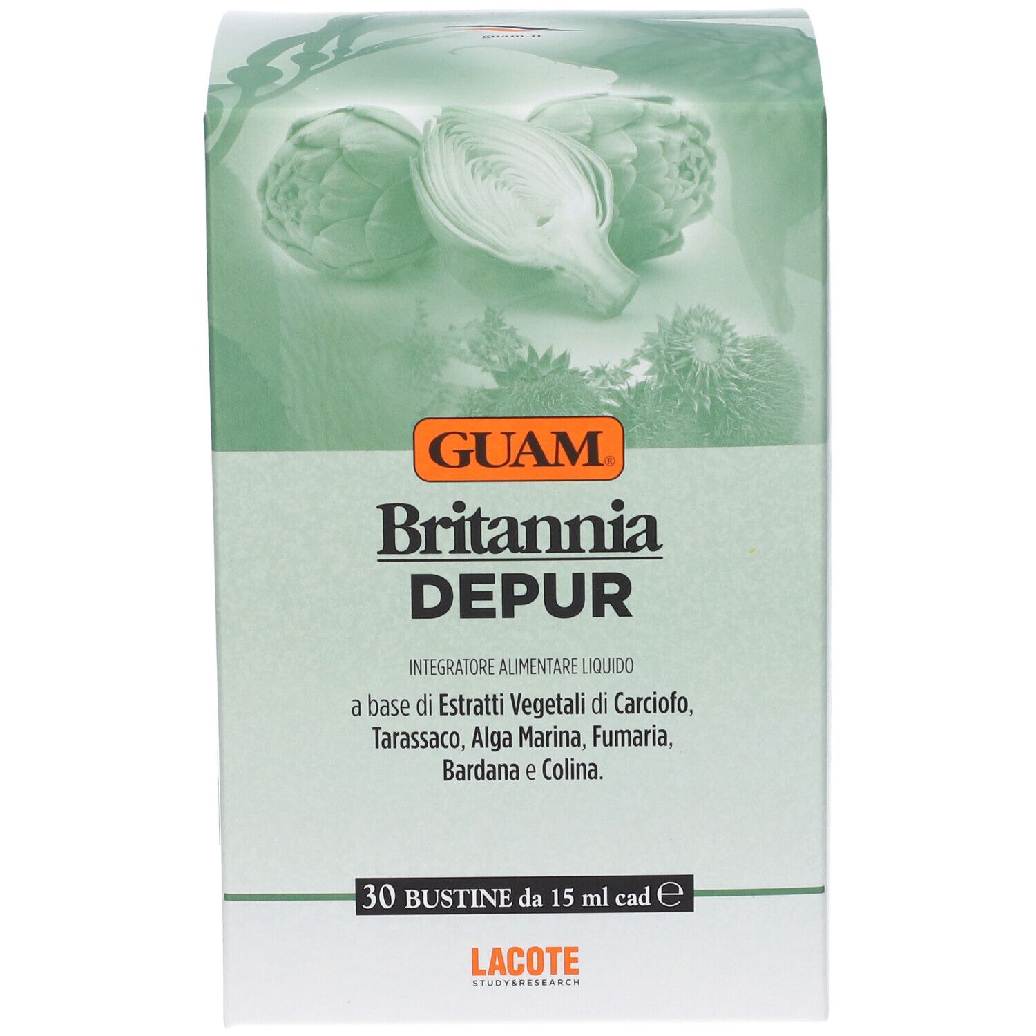 Scatola GUAM Britannia Depur con illustrazione di carciofi. 30 bustine da 15 ml. Lacote.