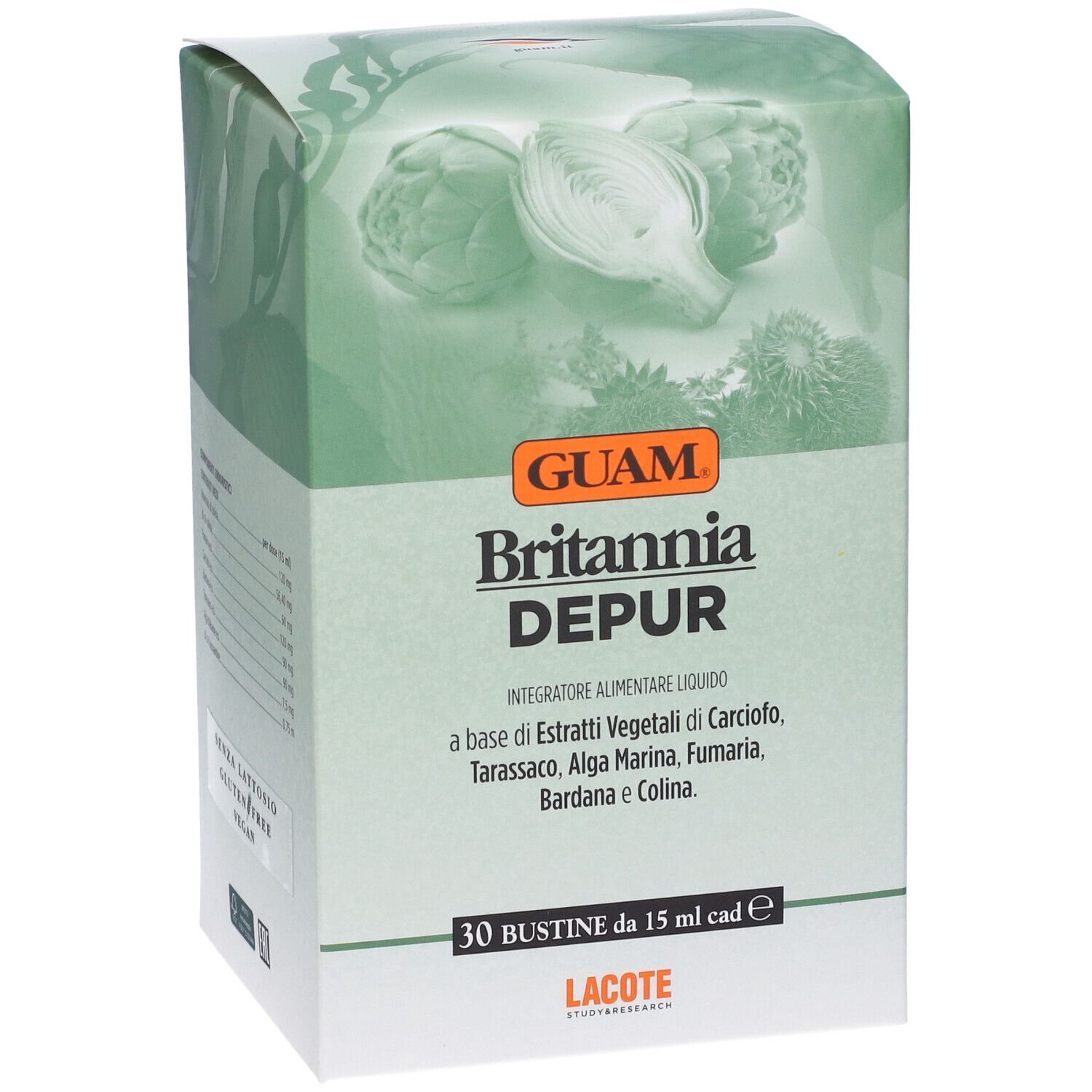 Scatola GUAM Britannia Depur, in diagonale. Illustrazione di carciofi. 30 bustine da 15 ml. Lacote.