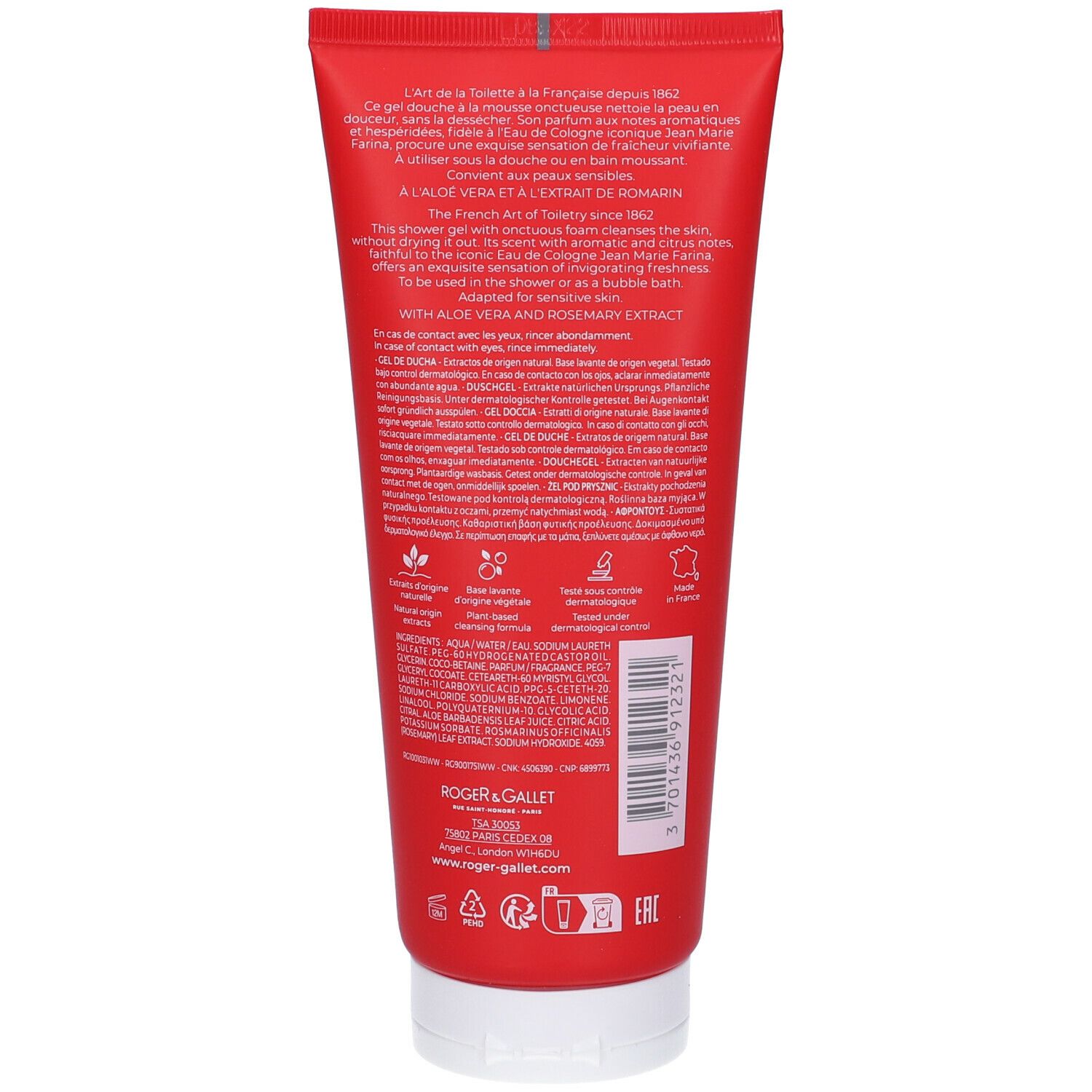 Tubo rosso con tappo bianco. Testo: Roger&Gallet, Jean Marie Farina, Gel Douche. Testo sul retro.