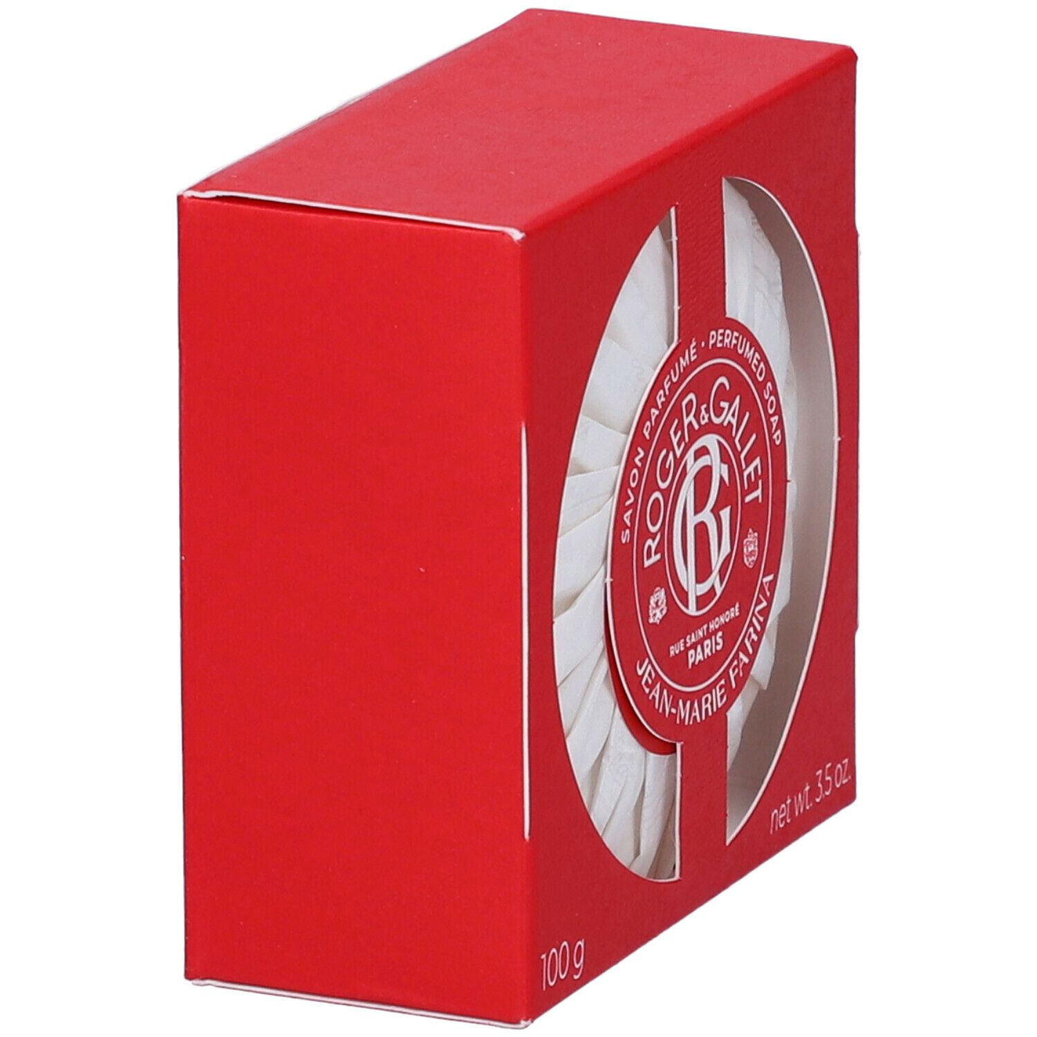 Scatola rossa, vista laterale. Finestra rotonda con sapone bianco piegato. Logo: Roger & Gallet Jean-Marie Farina.