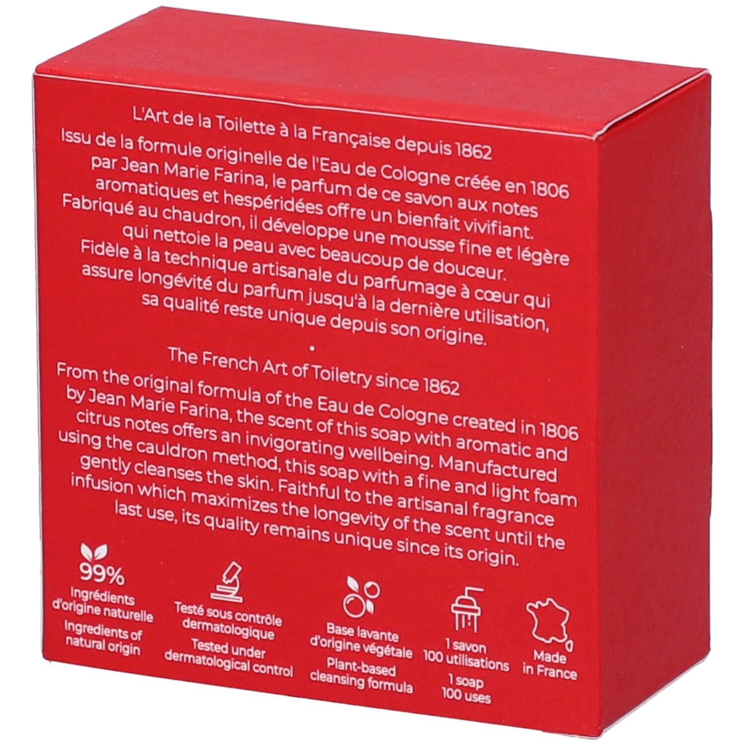 Scatola rossa, retro. Testo sul sapone e sugli ingredienti. Loghi: 99% ingredienti di origine naturale, testato dermatologicamente.