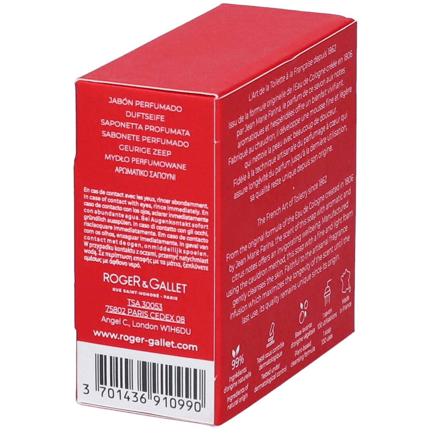 Scatola rossa, vista laterale. Testo e loghi. Logo: Roger & Gallet. Codice a barre.