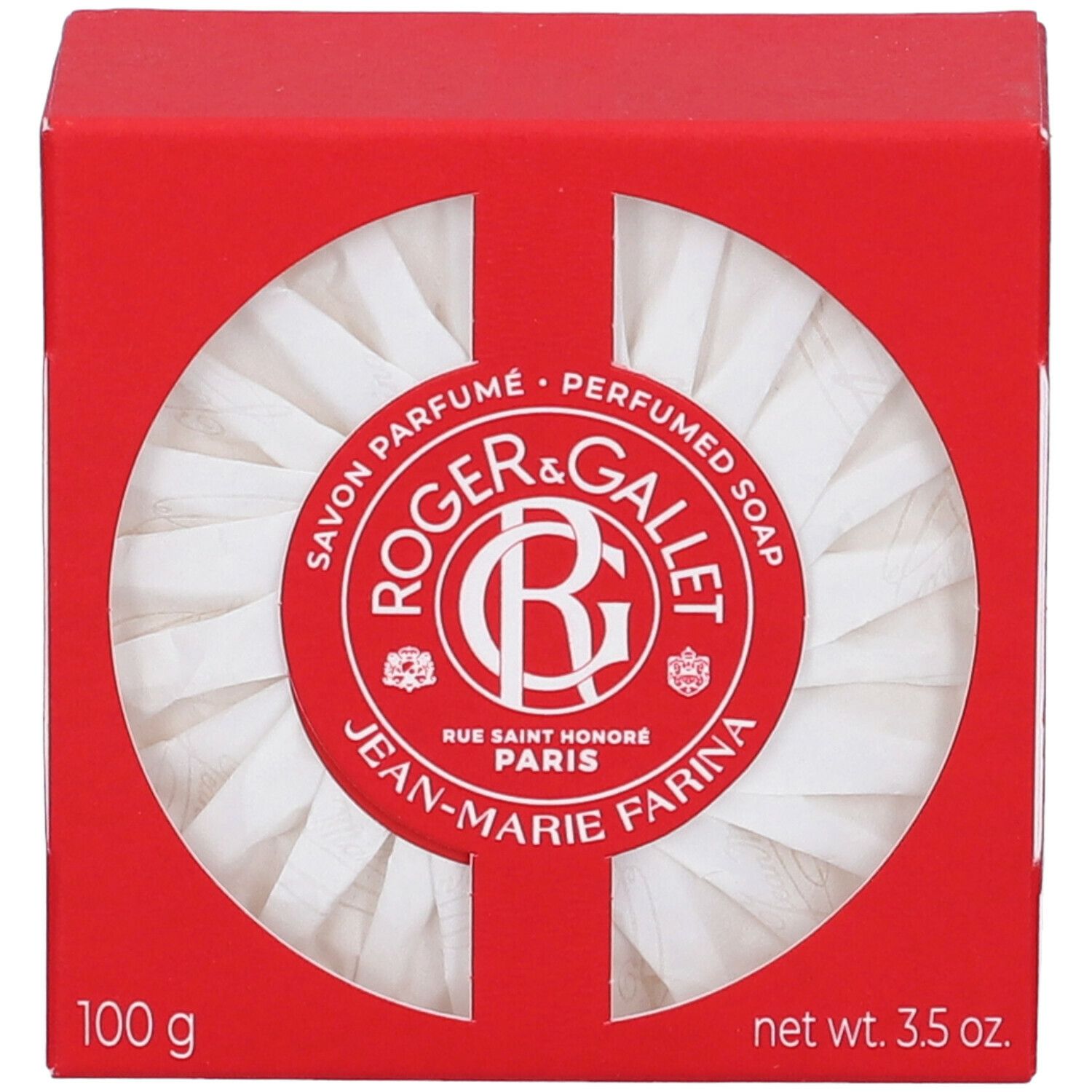 Scatola rossa con finestra rotonda. Sapone bianco piegato visibile. Logo: Roger & Gallet Jean-Marie Farina.