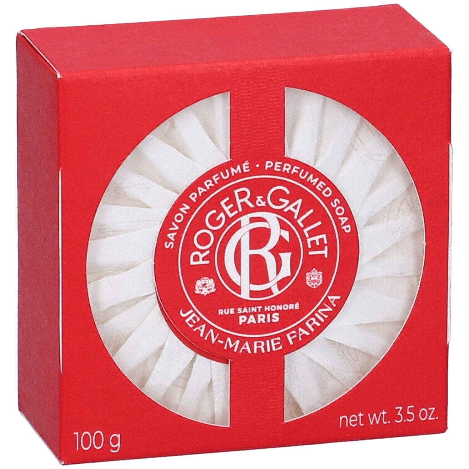 Scatola rossa con finestra rotonda. Sapone bianco piegato visibile. Logo: Roger & Gallet Jean-Marie Farina.
