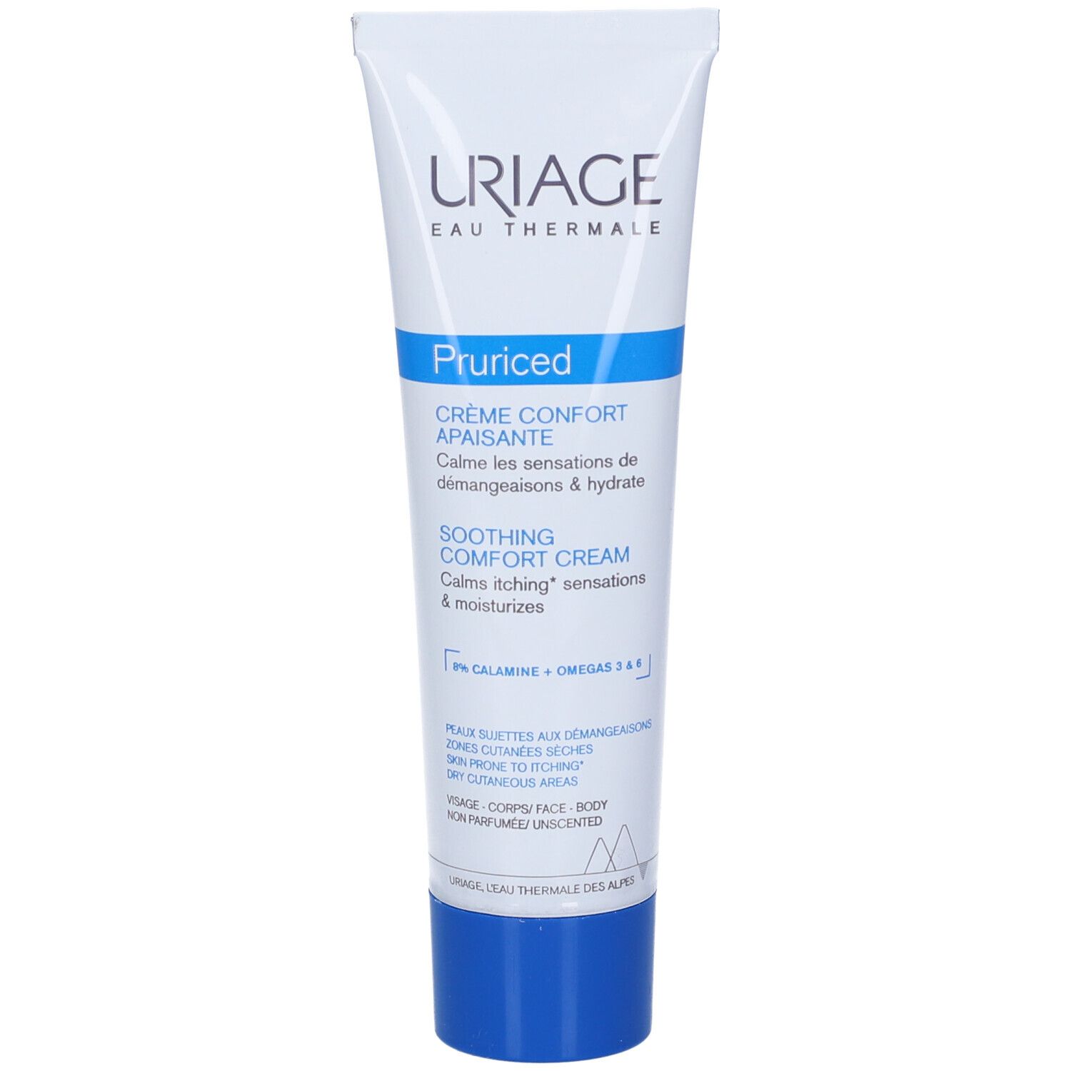 Tubo di crema con nome e marchio. Tappo blu.