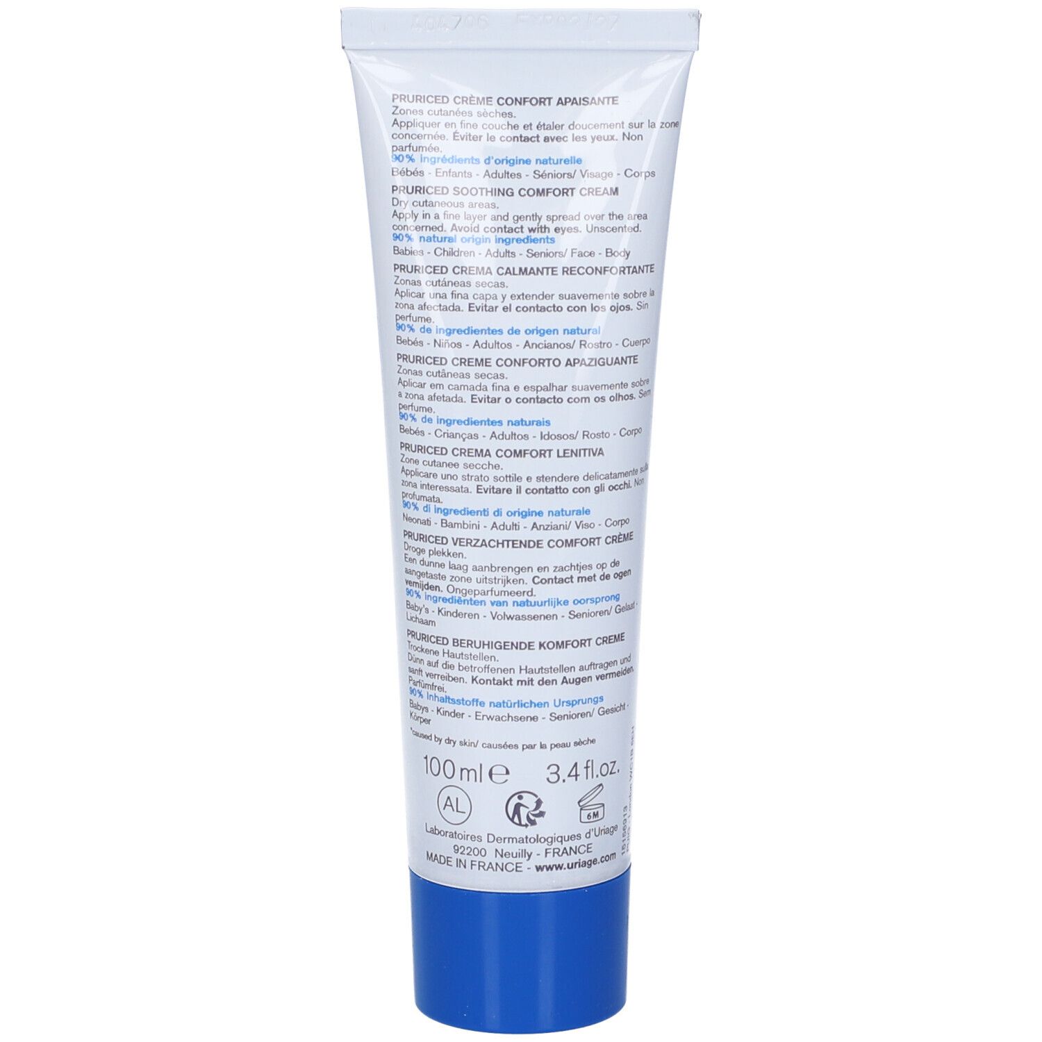 Retro del tubo di crema con testo in più lingue.