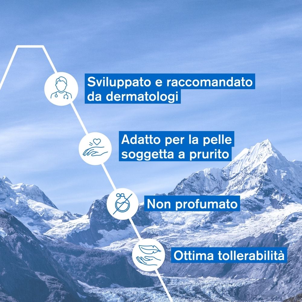 Grafico con i benefici del prodotto e raccomandazione dermatologica.