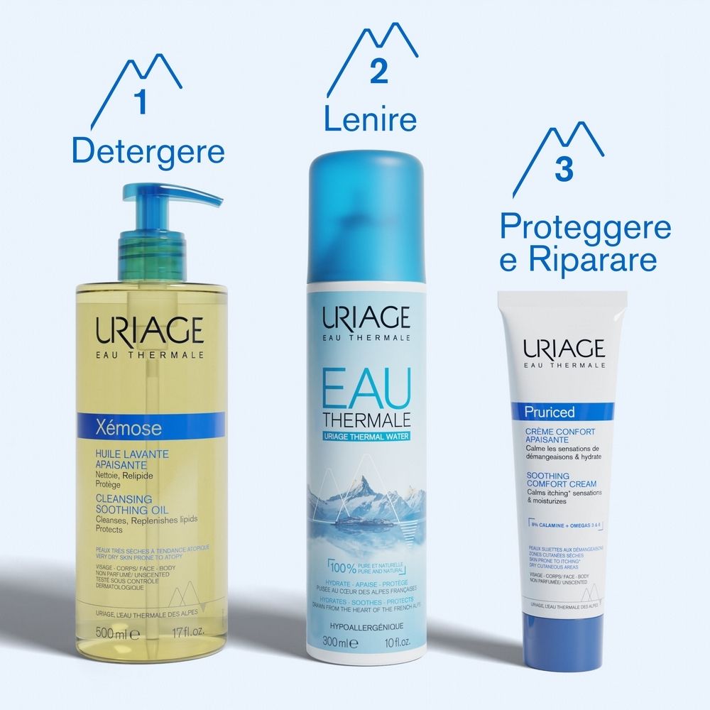 Tre prodotti Uriage: olio detergente, acqua termale, crema.