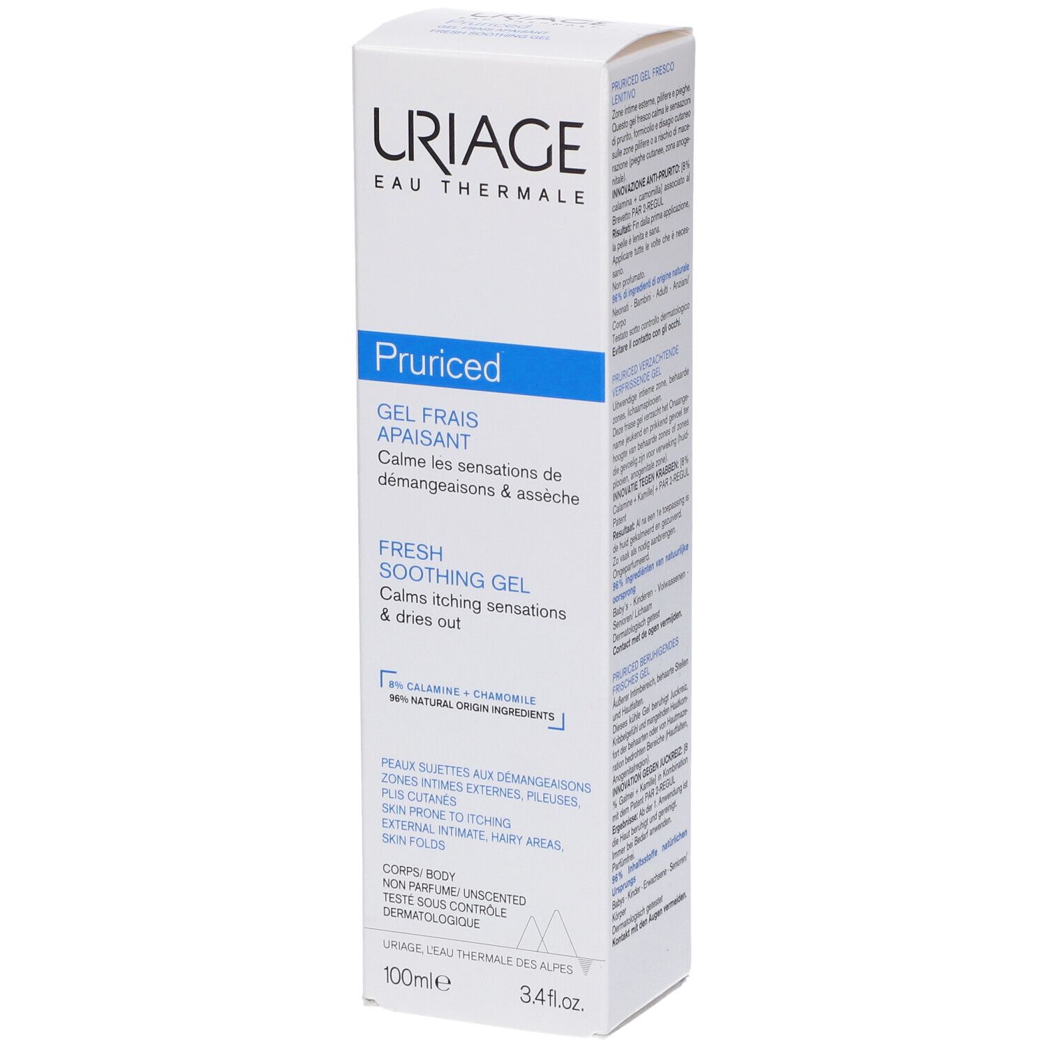Tubo con testo e marchio Uriage. Punta blu. Scritta Pruriced.