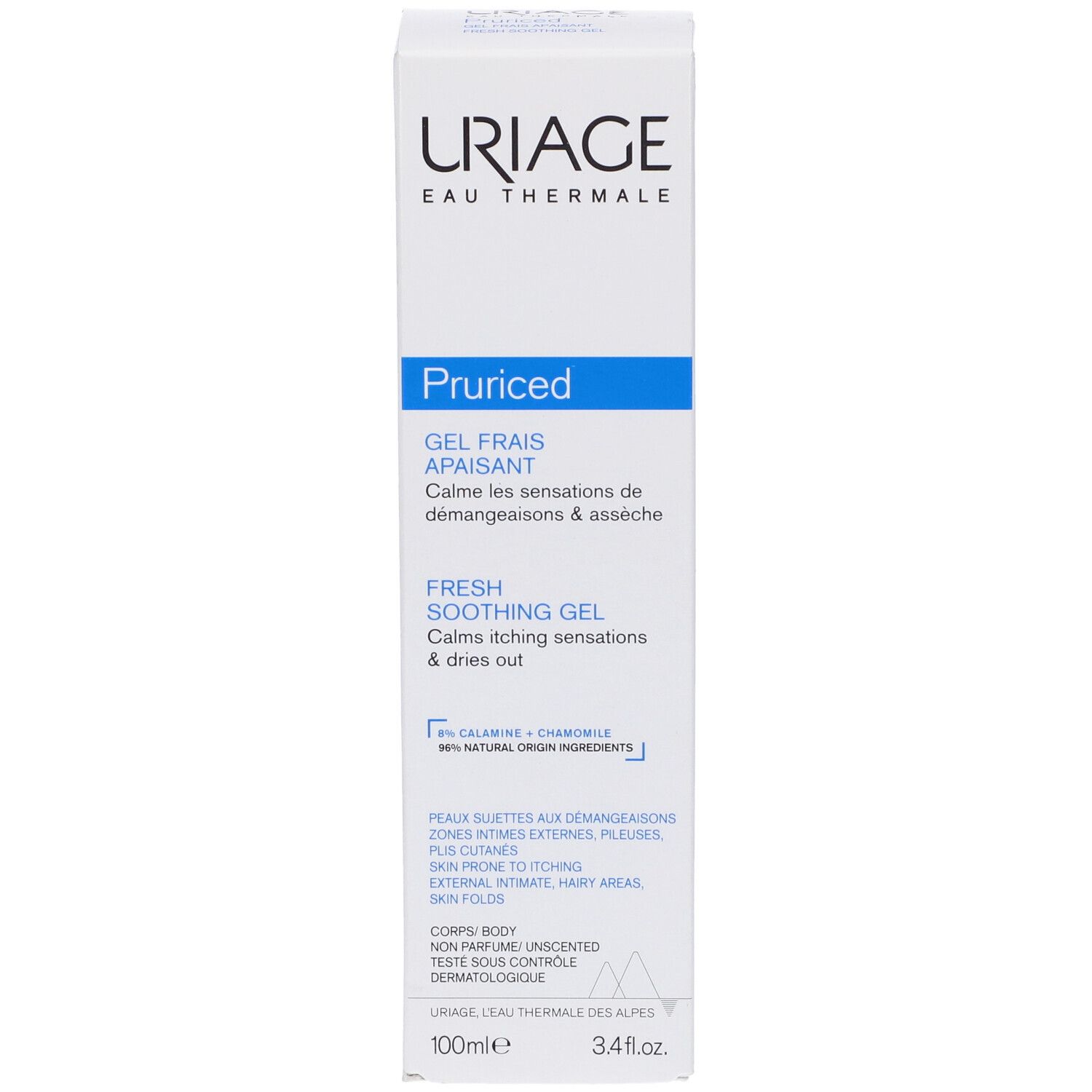 Tubo con testo e marchio Uriage. Punta blu. Scritta Pruriced.