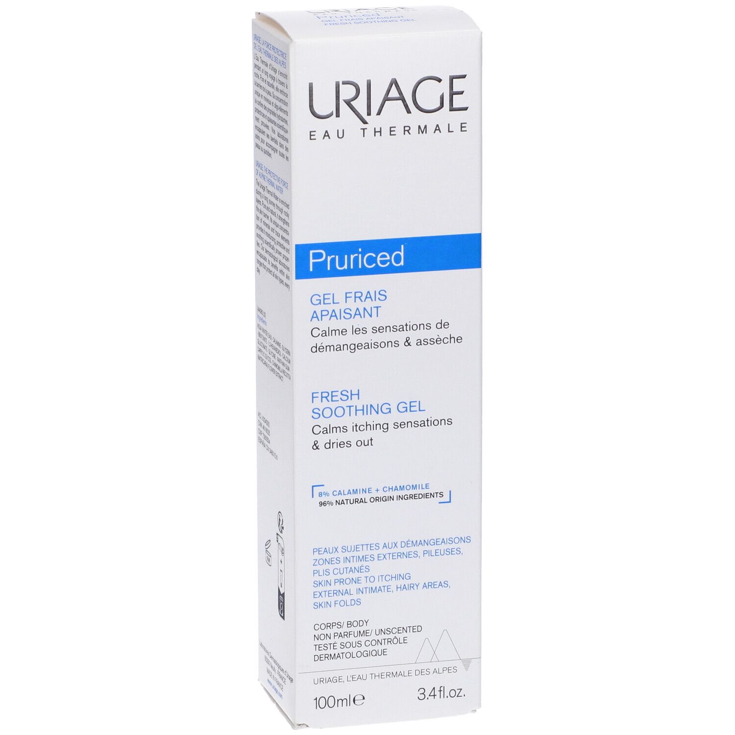 Tubo con testo e marchio Uriage. Punta blu. Scritta Pruriced.