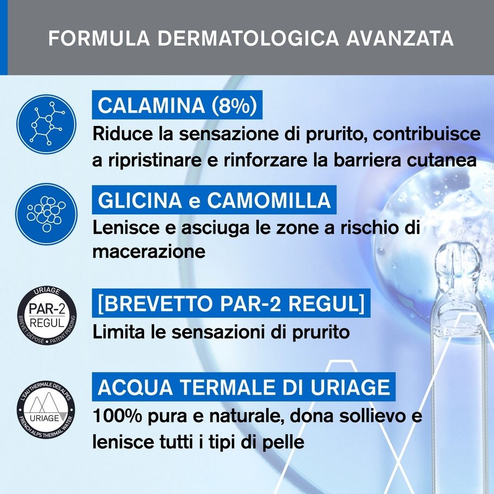 Testo con ingredienti ed effetti. Punta blu. Marchio Uriage.