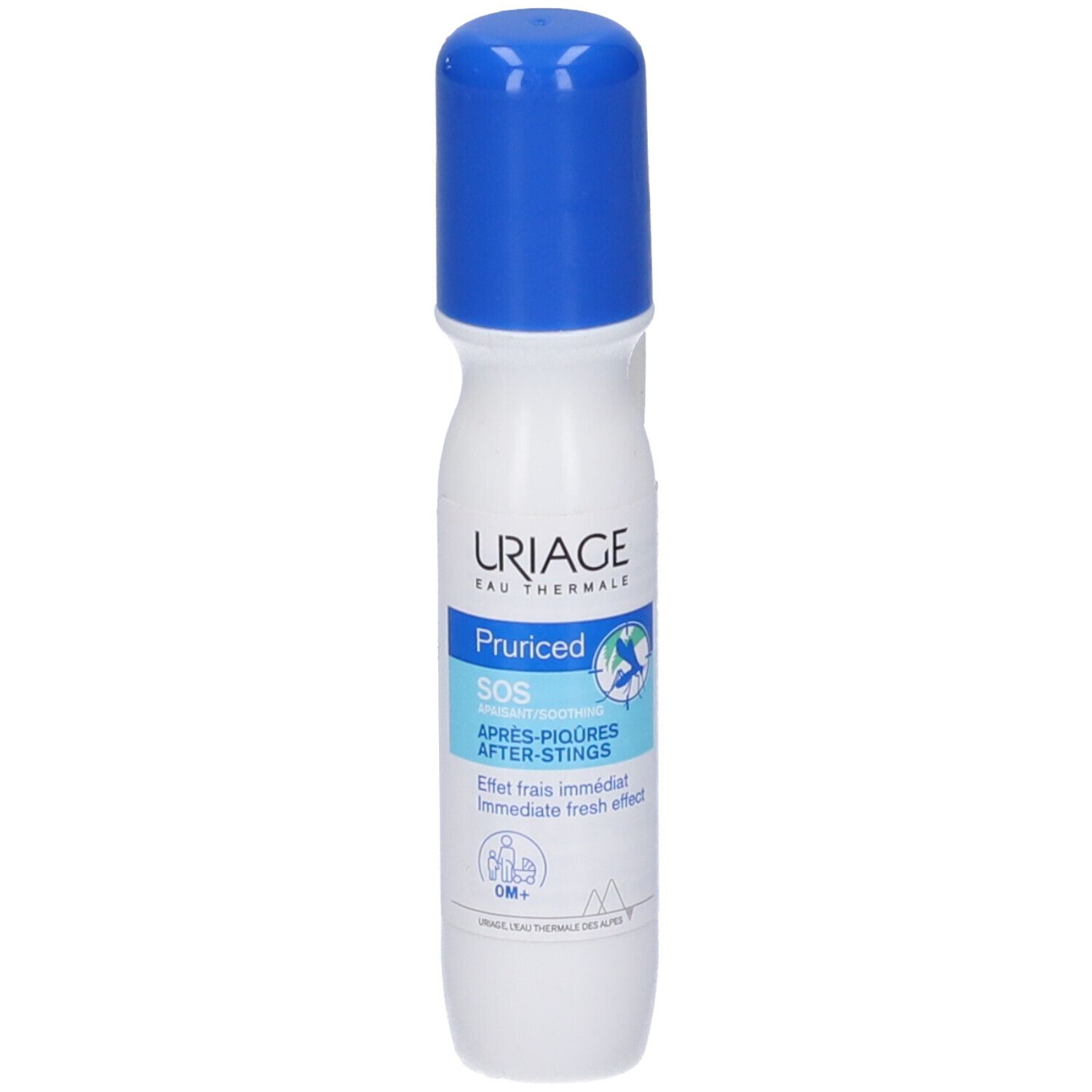 Roll-on con tappo blu. Scritta: URIAGE, Pruriced SOS. Per post-puntura. Effetto fresco immediato.