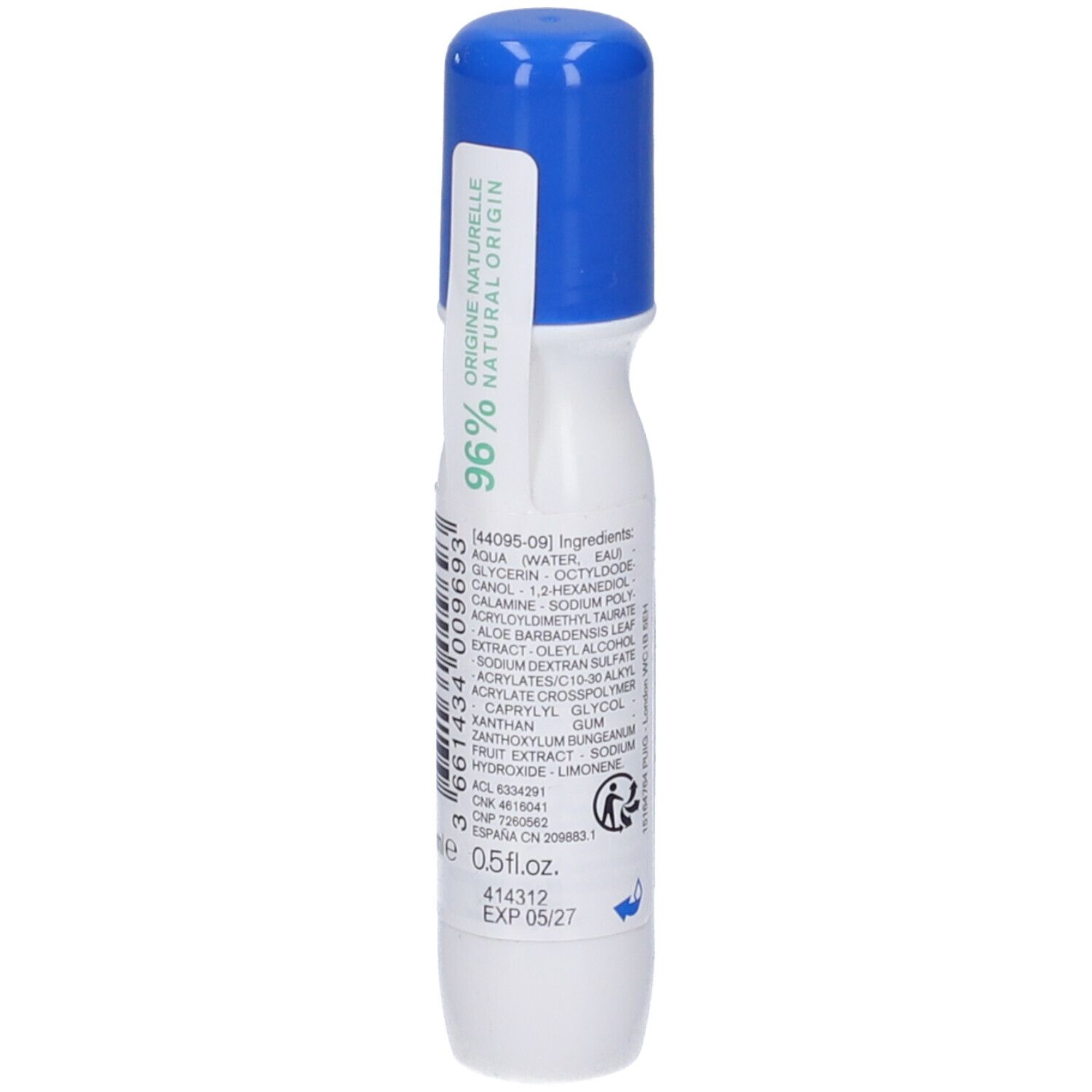 Retro del roll-on. Contiene il 96% di ingredienti di origine naturale. Elenco ingredienti. 0,5 fl.oz.