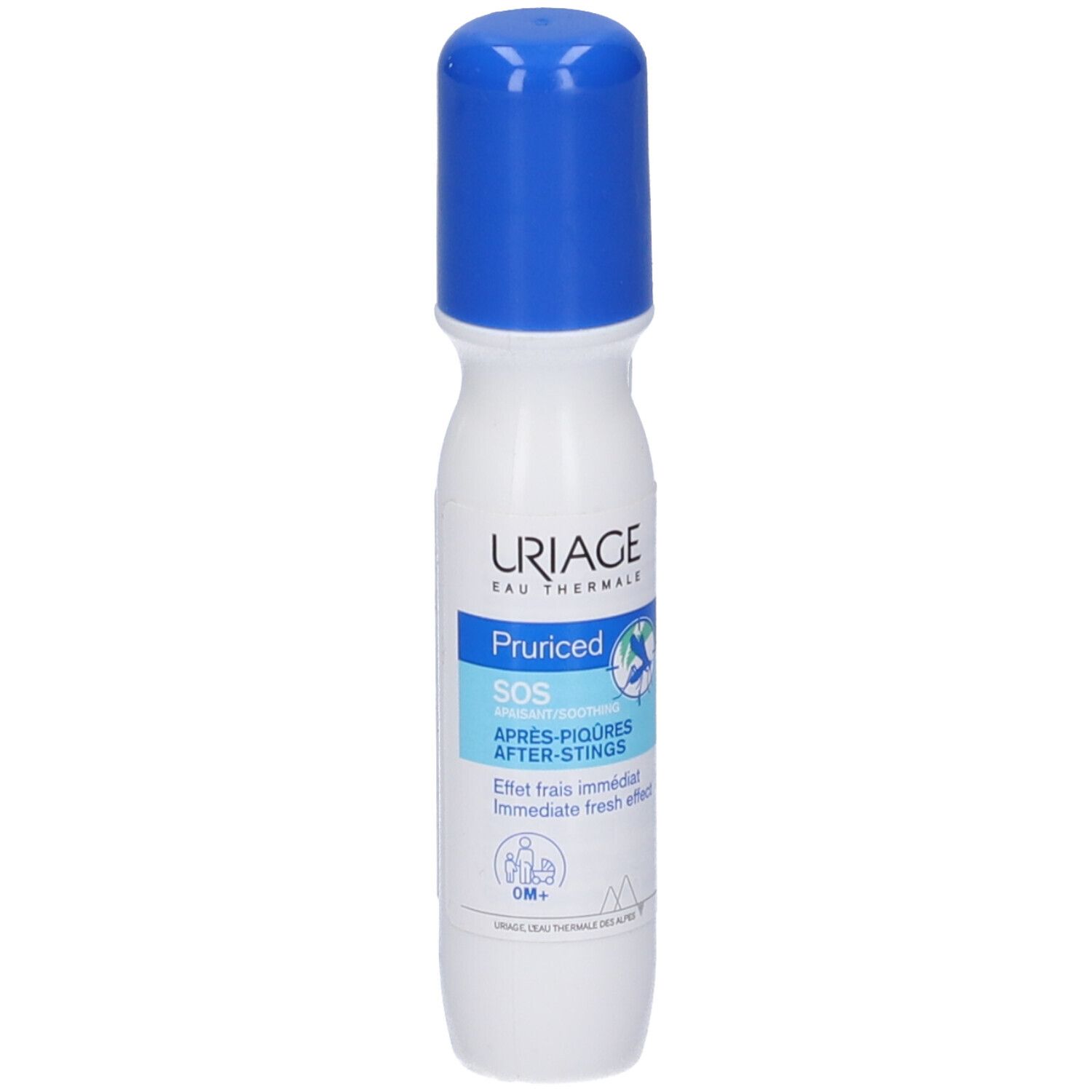 Roll-on con tappo blu. Scritta: URIAGE, Pruriced SOS. Per post-puntura. Effetto fresco immediato.