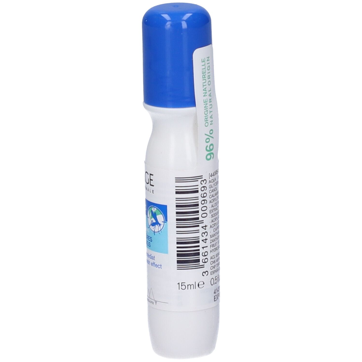 Vista laterale del roll-on. Contiene il 96% di ingredienti naturali. 15ml. Data di scadenza.
