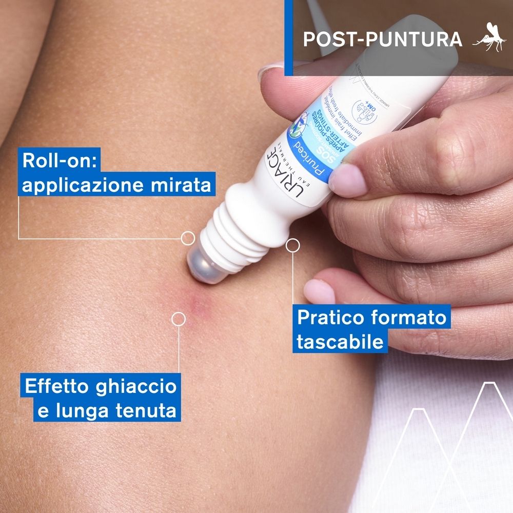 Applicazione del roll-on sulla pelle. Scritta: Roll-on: applicazione mirata. Effetto: ghiaccio e lunga tenuta.