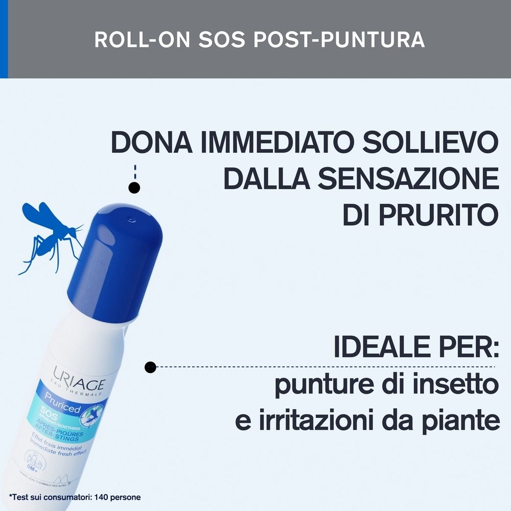 Roll-on SOS post-puntura. Testo: Dona immediato sollievo dal prurito. Ideale per punture e irritazioni.