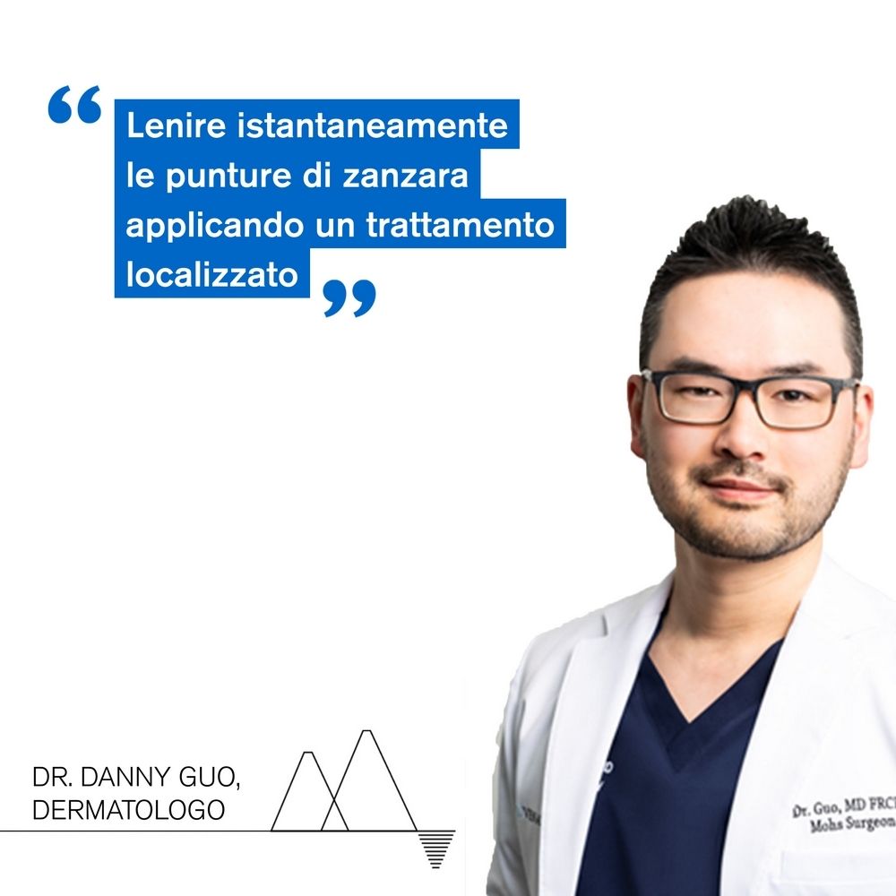 Dermatologo che cita. Testo: Allevia istantaneamente le punture di zanzara con trattamento locale. Uomo con occhiali.